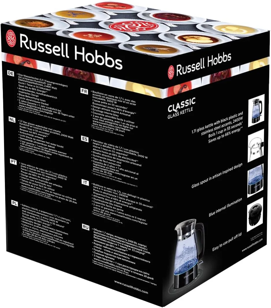 Електричний чайник Russell Hobbs Hourglass 1.7 л, скляний, з підсвічуванням, чорний з сріблястими елементами.