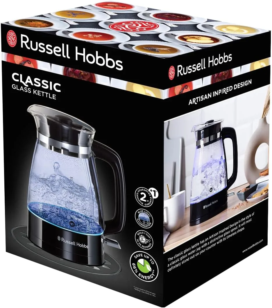 Електричний чайник Russell Hobbs Hourglass 1.7 л, скляний, з підсвічуванням, чорний з сріблястими елементами.