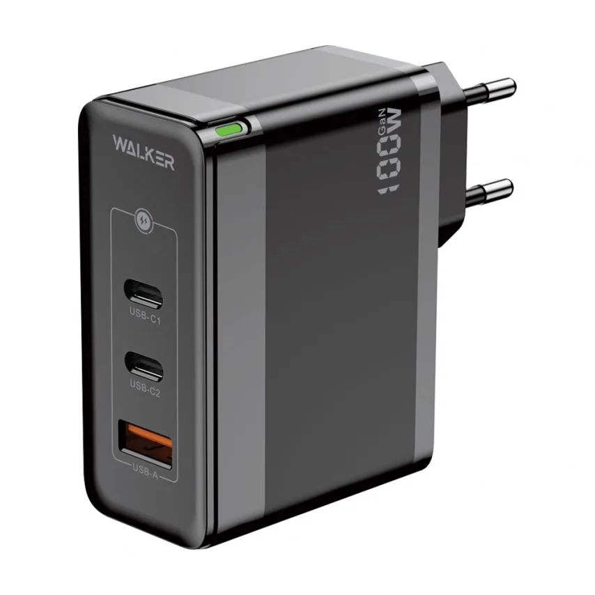 Сетевое зарядное устройство WALKER 100W GaN 73х75х32 мм черное