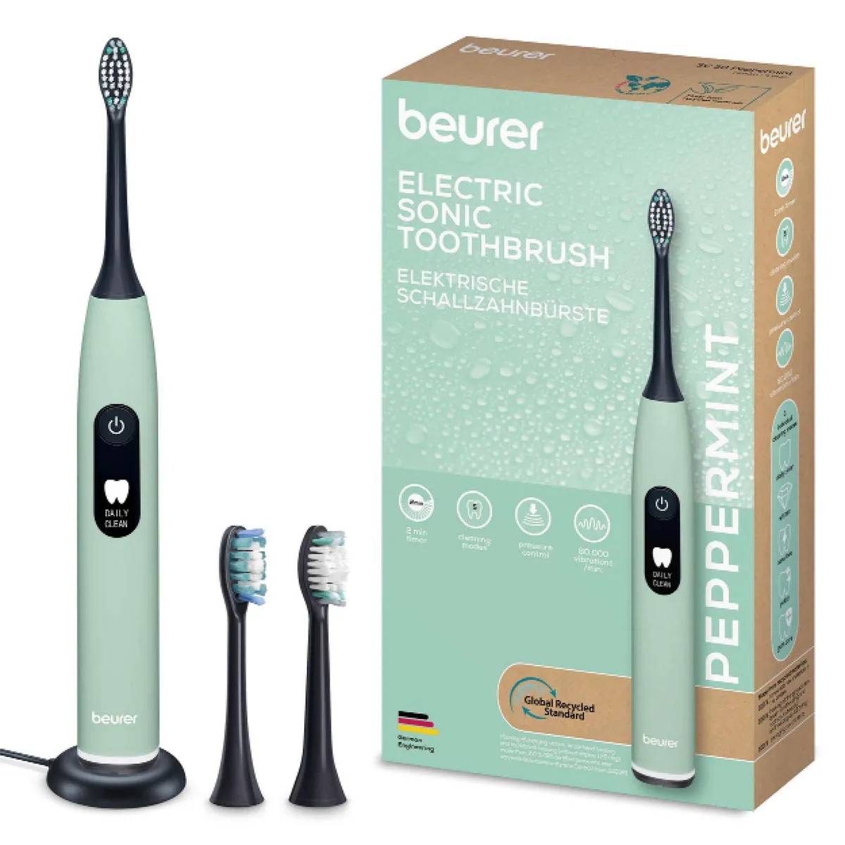 Электрическая зубная щетка Beurer Peppermint GP, 80 тыс колебаний/мин, 2 насадки, 5 режимов, мятный аромат