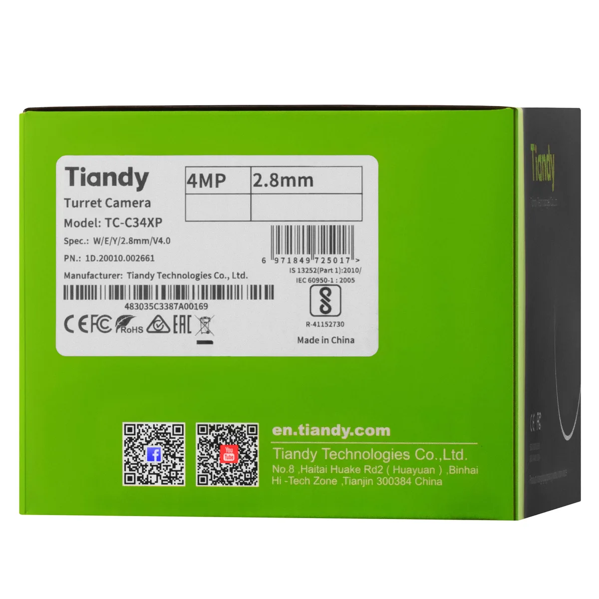 IP-камера Tiandy TC-C34XP Спецификация: W/E/Y/2.8mm/V4.0, 4MP, цветной купольный, 2.8mm, f/1.0, LED 15m, DC 12V, PoE, IP67