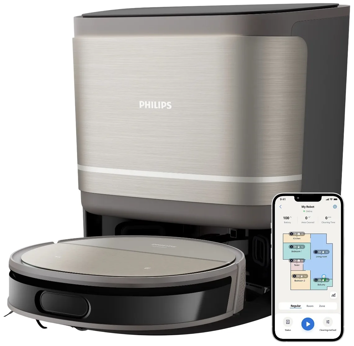 Робот-пилосос Philips Series 9000, висота 9.8 см, функція вологого прибирання, контейнер для пилу 0.21 л, резервуар для води 0.22