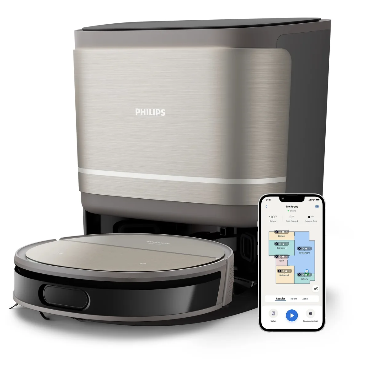 Робот-пилосос Philips Series 9000, висота 9.8 см, функція вологого прибирання, контейнер для пилу 0.21 л, резервуар для води 0.22