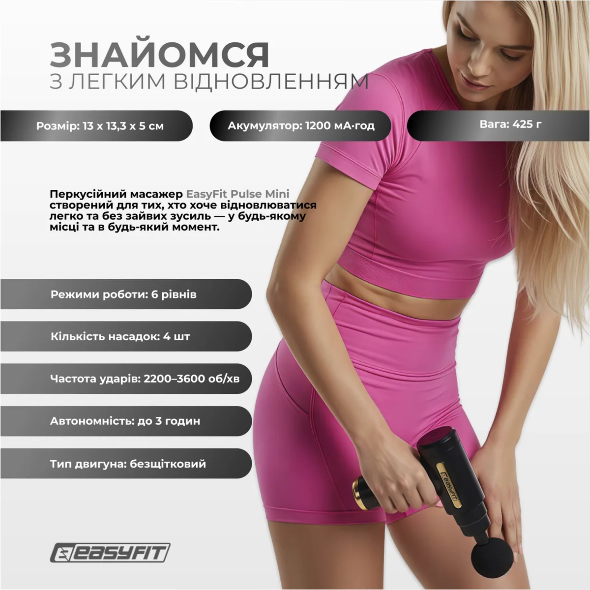 Перкусійний масажер EasyFit пластик 13х13,3х5 см чорний 4 насадки 6 режимів