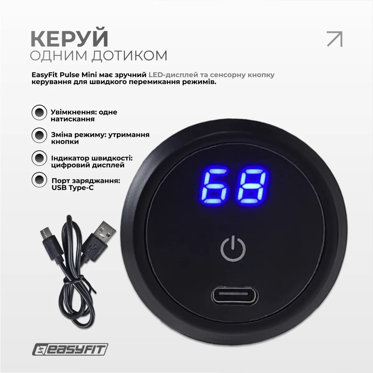 Перкусійний масажер EasyFit пластик 13х13,3х5 см чорний 4 насадки 6 режимів