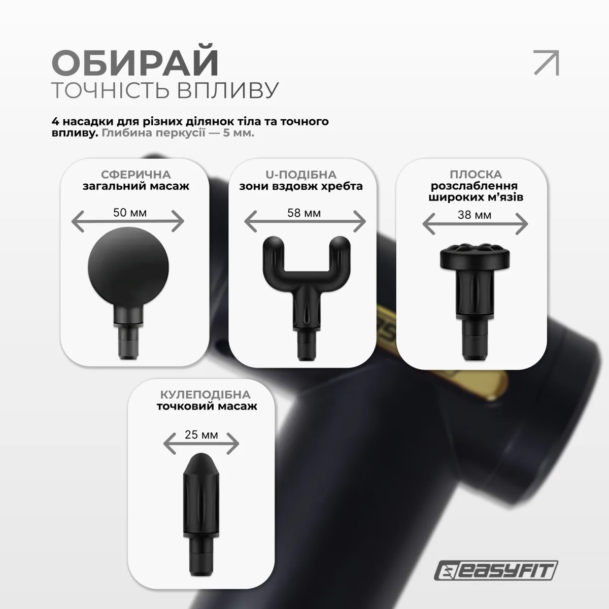 Перкусійний масажер EasyFit пластик 13х13,3х5 см чорний 4 насадки 6 режимів
