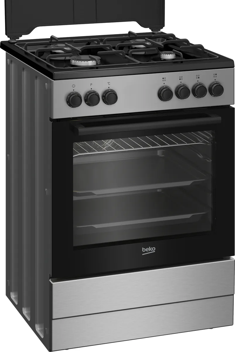 Комбінована плита Beko, 66 л, 60x60 см, з конвекцією, сріблястого кольору.