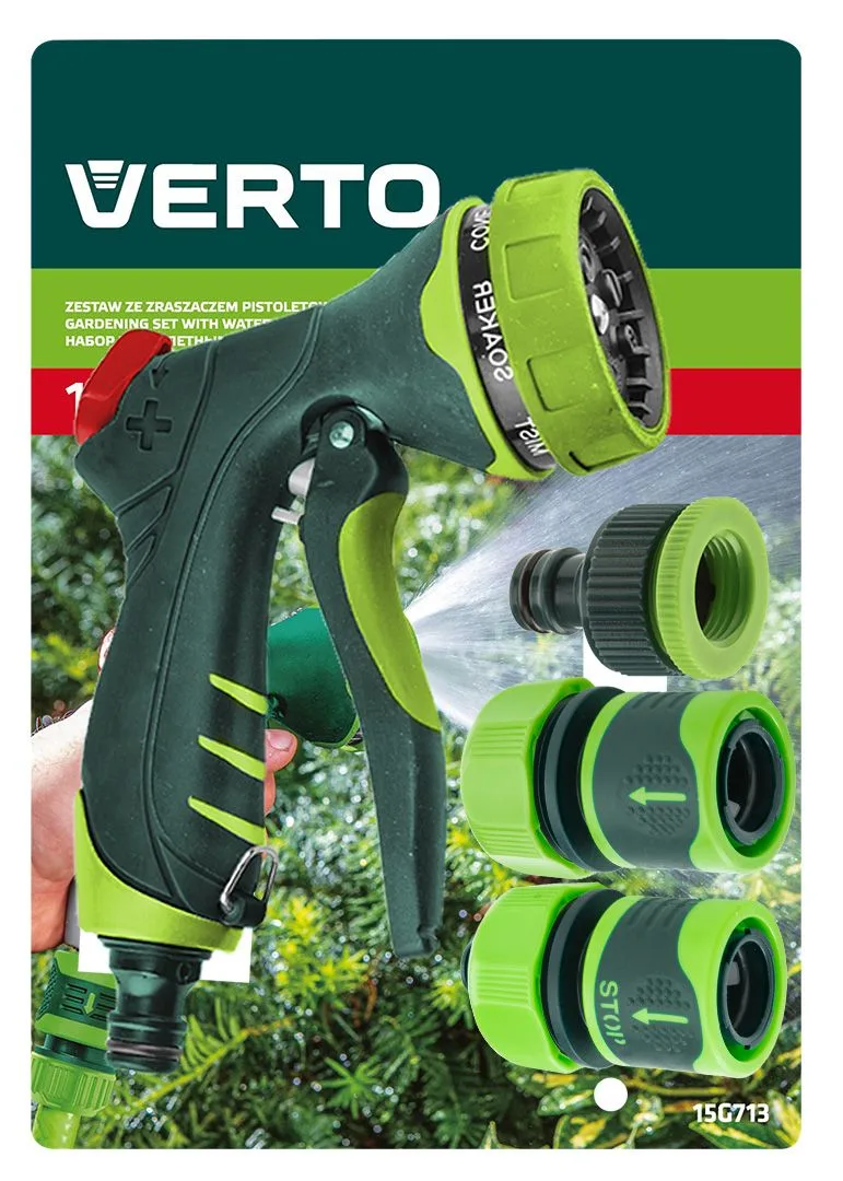 Комплект для поливу Verto, 1/2", ручний зрошувач з 7 режимами, муфта 1/2", муфта з аквастопом 1/2", конектор для крана.