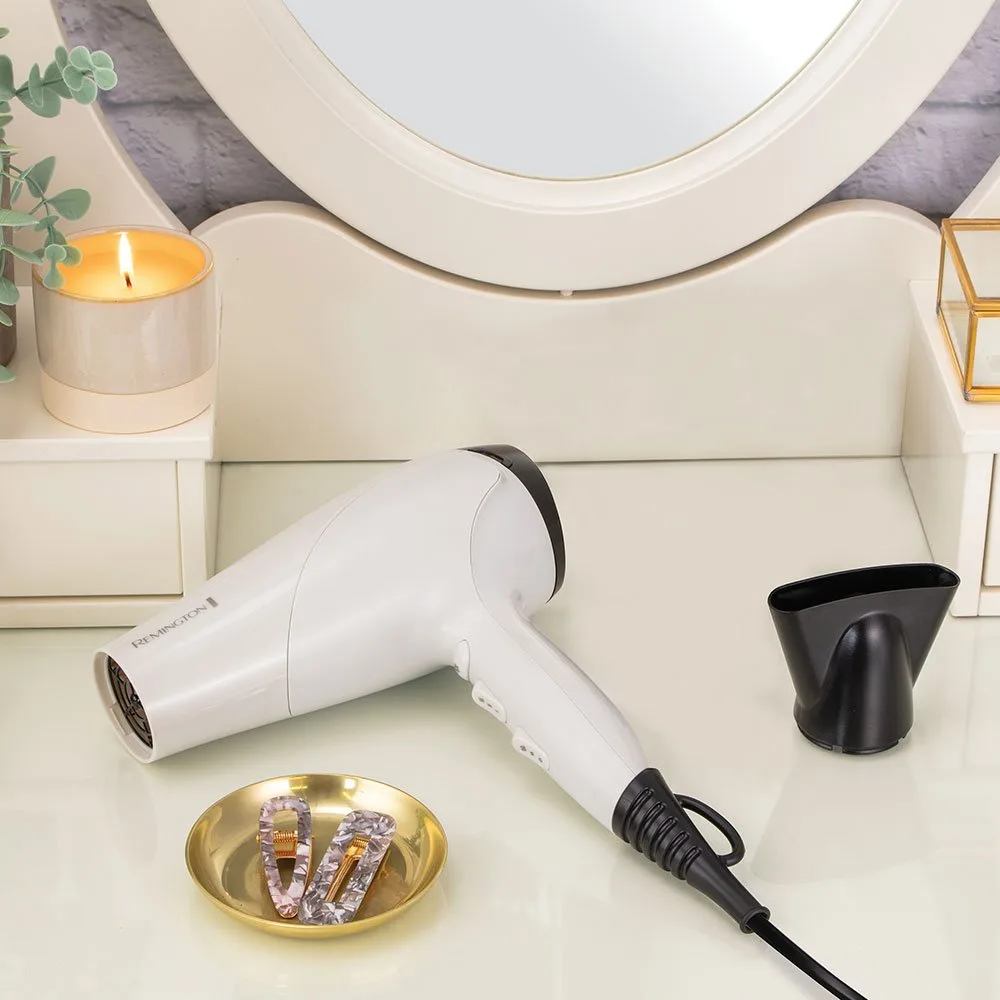 Фен Remington Ionic 2200 Вт, 3 скорости, турмалиновая ионизация, холодный обдув, белый