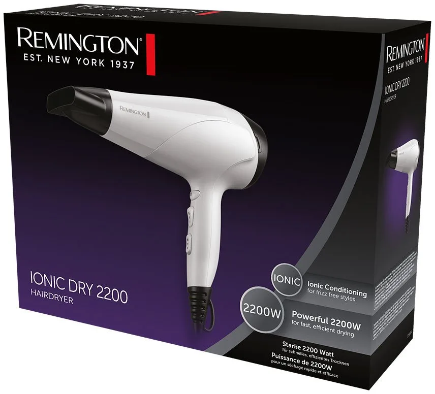 Фен Remington Ionic 2200 Вт, 3 скорости, турмалиновая ионизация, холодный обдув, белый