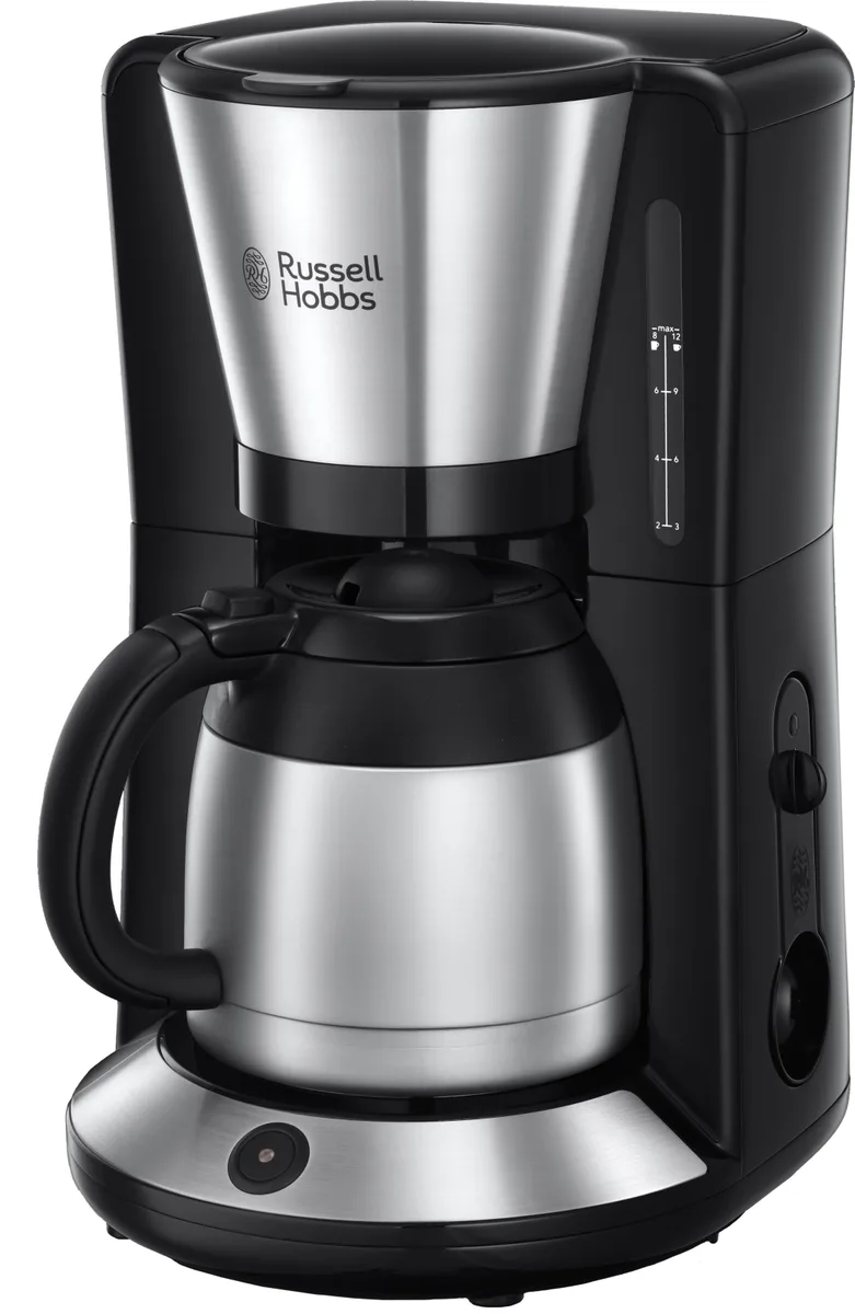 Кавоварка Russell Hobbs крапельного типу Adventure, об'ємом 1 л, для меленої кави, в чорному та сріблястому кольорах.
