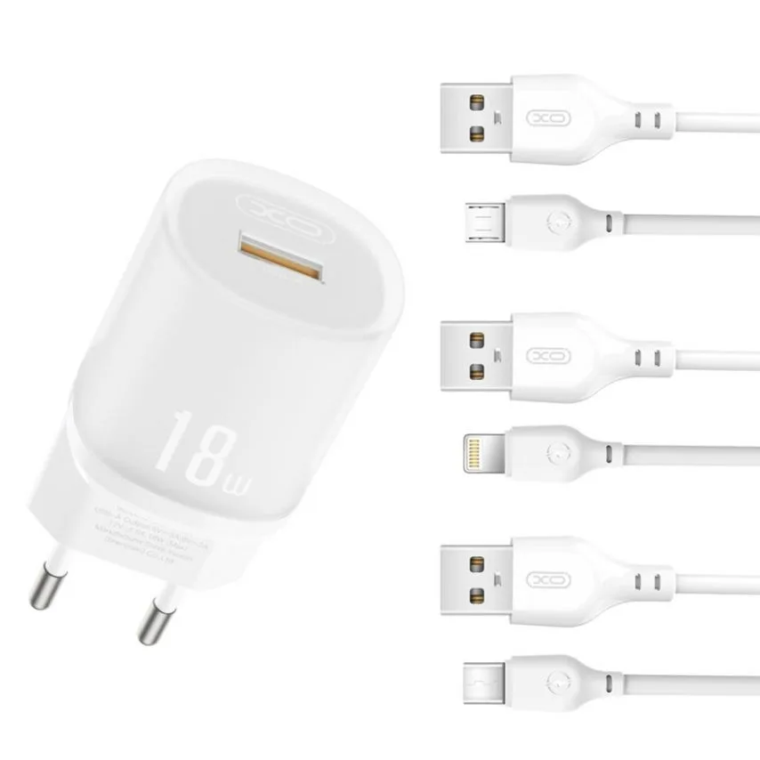 Зарядний пристрій XO 1USB 18W Quick Charge 3.0 з кабелем Lightning білий