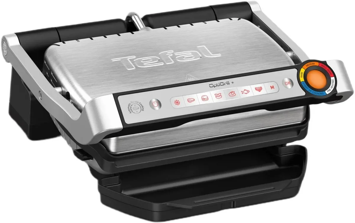 Прилад для грилювання Tefal OptiGrill+ 2000Вт з 4 температурними режимами, знімними пластинами, алюмінієвим та металевим корпусом.