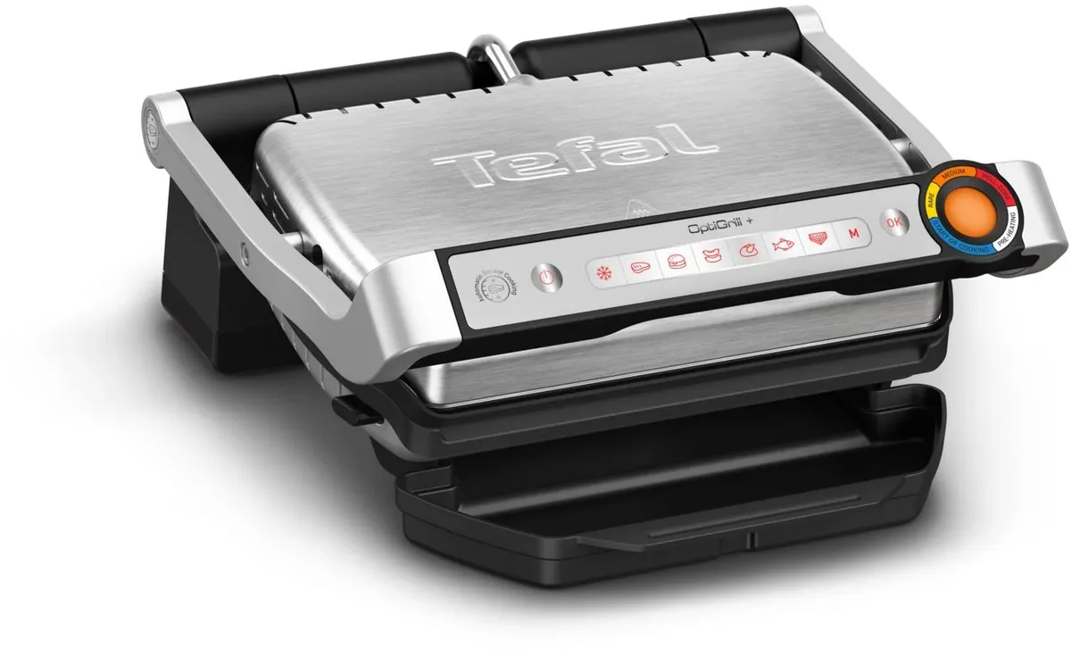 Прилад для грилювання Tefal OptiGrill+ 2000Вт з 4 температурними режимами, знімними пластинами, алюмінієвим та металевим корпусом.