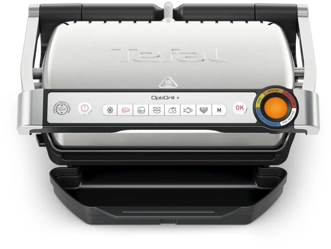 Прилад для грилювання Tefal OptiGrill+ 2000Вт з 4 температурними режимами, знімними пластинами, алюмінієвим та металевим корпусом.