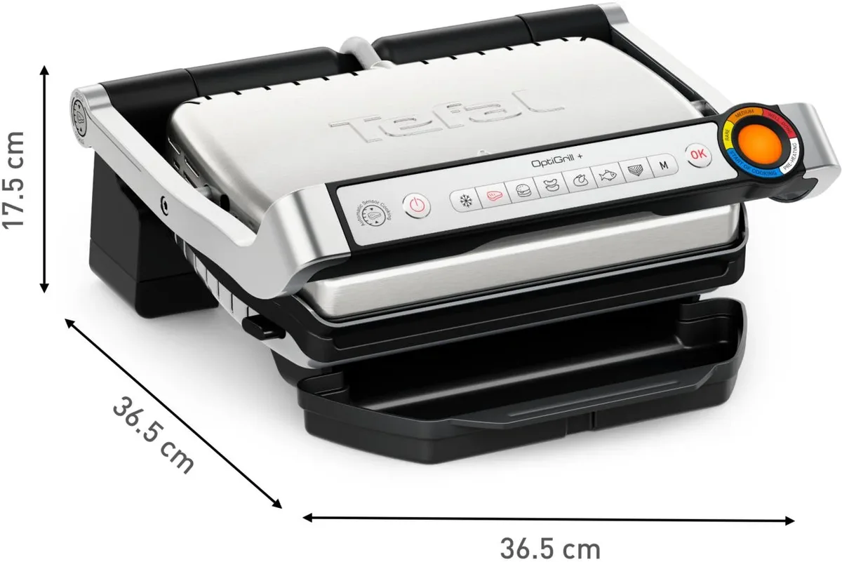 Прилад для грилювання Tefal OptiGrill+ 2000Вт з 4 температурними режимами, знімними пластинами, алюмінієвим та металевим корпусом.