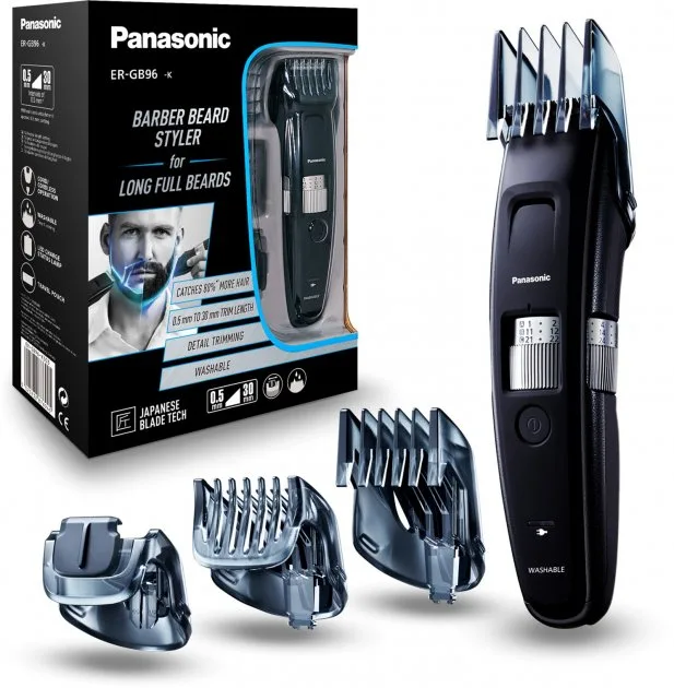 Тример Panasonic для бороди та вусів, комбінований (мережевий та акумуляторний), 4 насадки, сталеві леза, чорний.