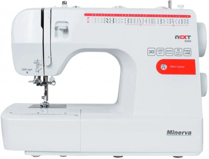 Швейна машинка MINERVA NEXT 532A, електромеханічна, 85 Вт, 32 швейні функції, автоматичне виконання петлі, 85 Вт, білий з червоним