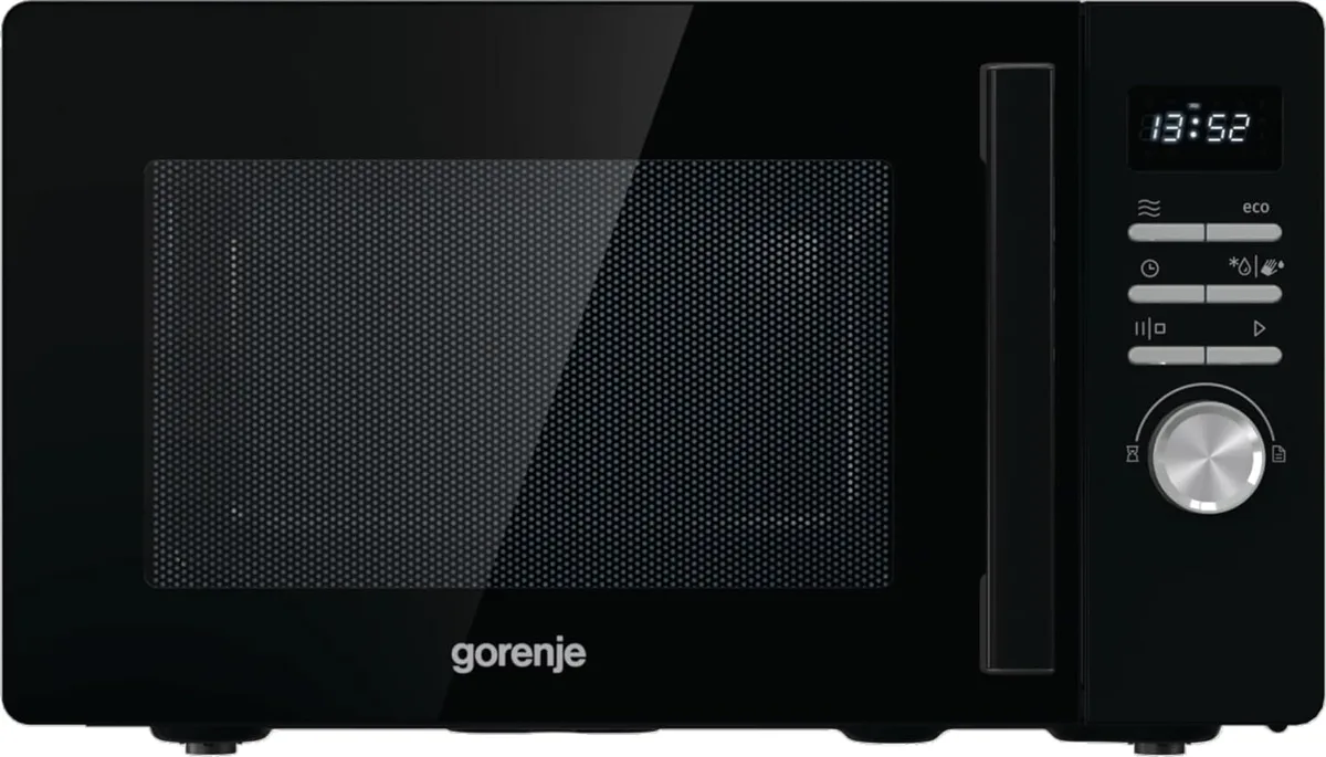 Мікрохвильова піч Gorenje, 23 л, електронне управління, 800 Вт, функція грилю, LED-дисплей, чорний колір.