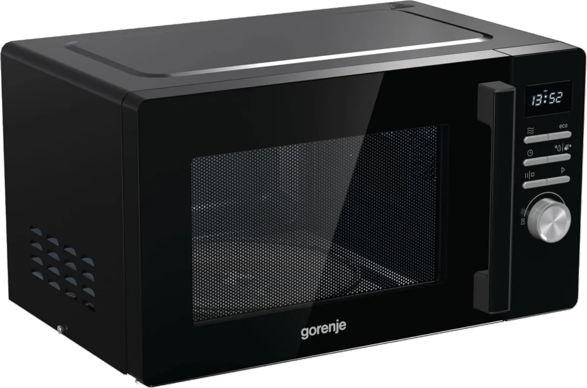 Мікрохвильова піч Gorenje, 23 л, електронне управління, 800 Вт, функція грилю, LED-дисплей, чорний колір.
