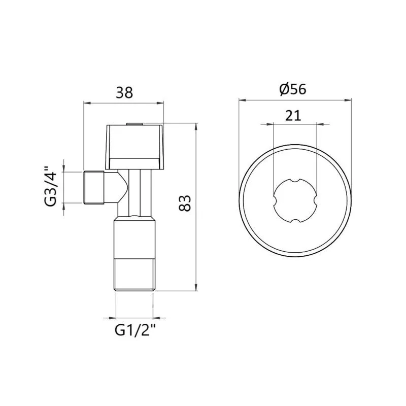 Кран кутовий 1/2"x3/4" латунний з вент.буксою хромований Thermo Alliance