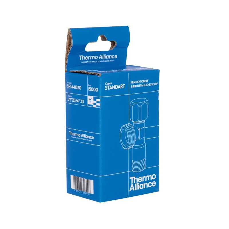 Кран кутовий 1/2"x3/4" латунний з вент.буксою хромований Thermo Alliance