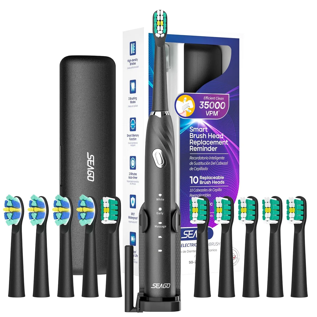Звукова зубна щітка Seago SG-2316 10 насадок чорна IPX7 35000 коливань/хв