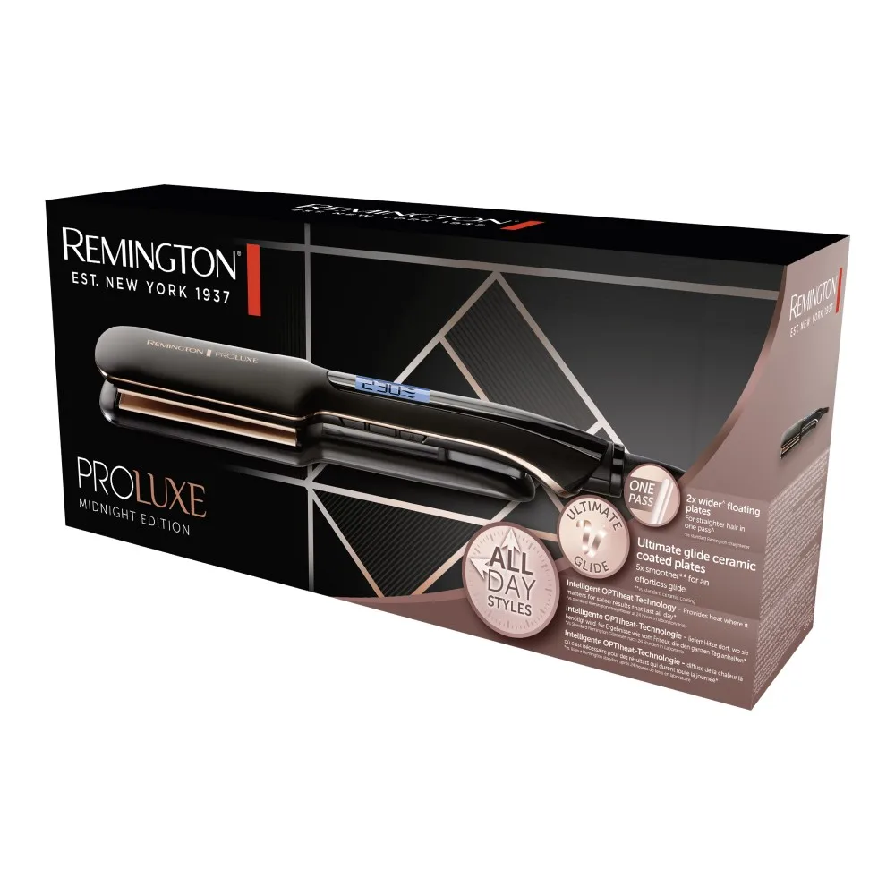 Випрямляч волосся Remington PROluxe Midnight з широкими пластинами, 9 температурними режимами (150-230°C), чохлом, дисплеєм та кер