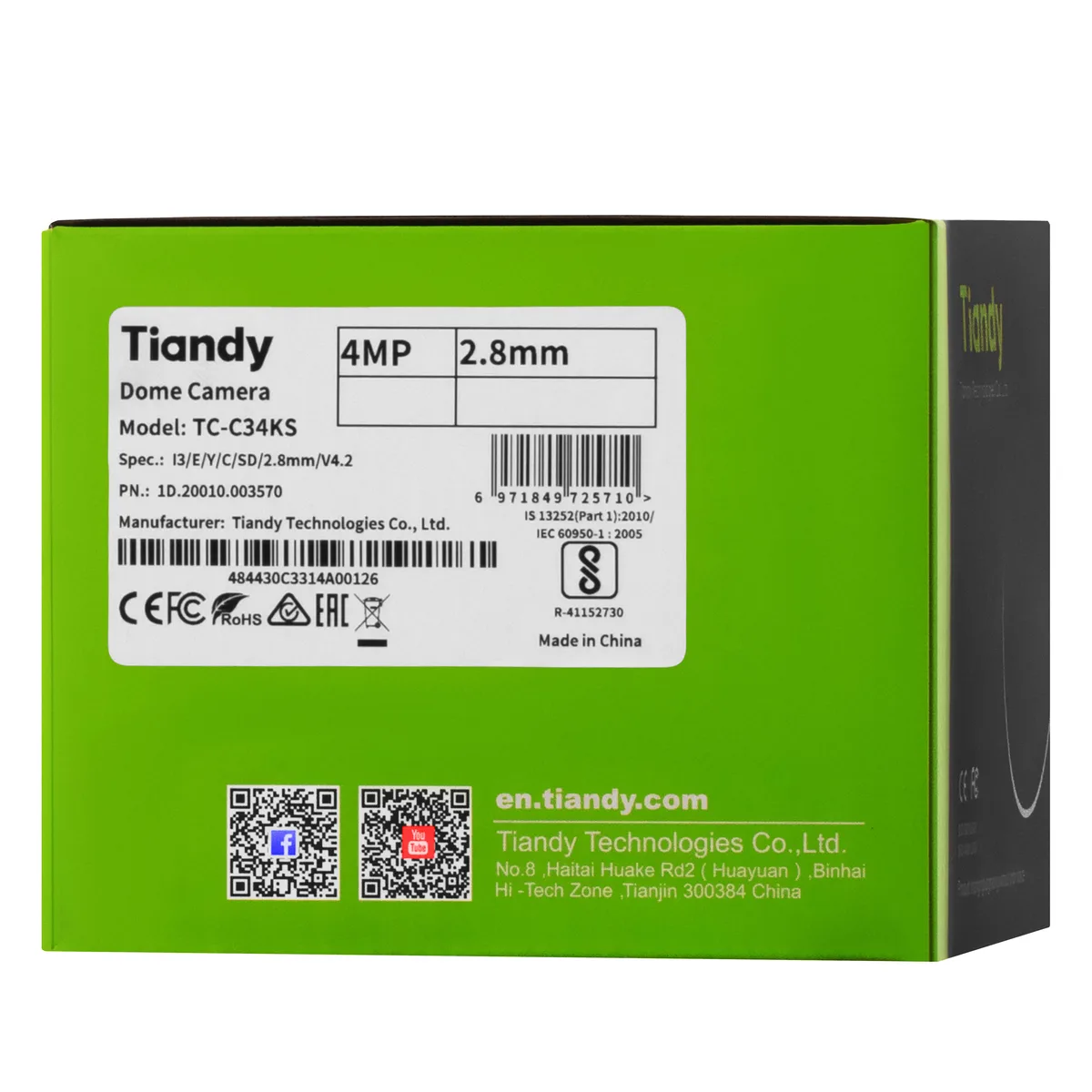 IP-камера Tiandy TC-C34KS Спецификация: I3/E/Y/C/SD/2.8mm/V4.2, 4MP, Starlight Dome, 2.8mm, f/1.6, IR30m, PoE, IP66, IK10.