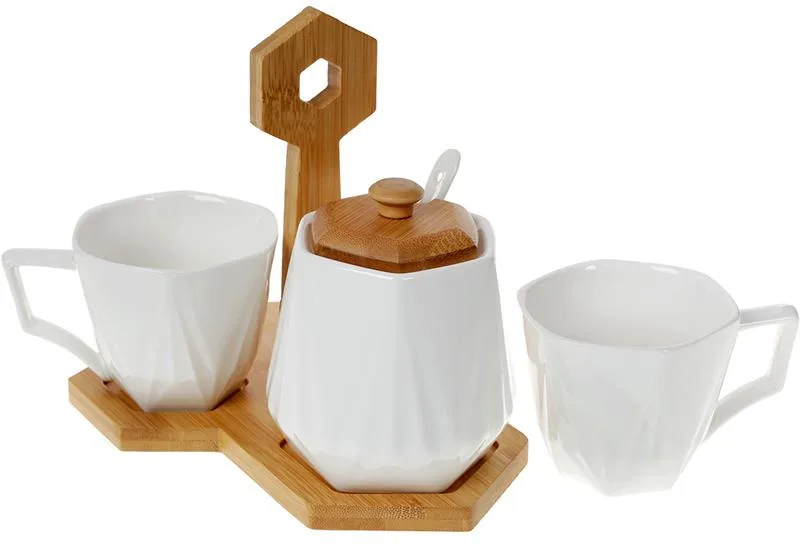 Кофейный набор Nouvelle Home для двоих фарфоровый с сахарницей и бамбуковой подставкой 20 х 20 см