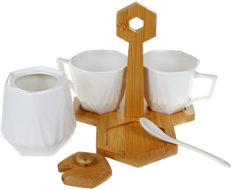 Кофейный набор Nouvelle Home для двоих фарфоровый с сахарницей и бамбуковой подставкой 20 х 20 см
