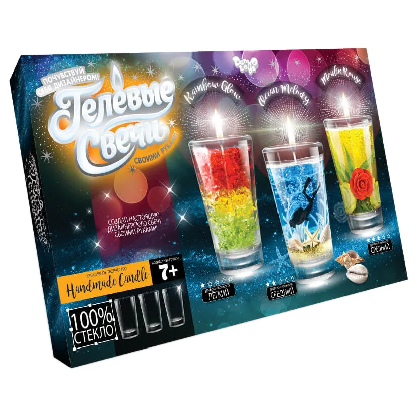 Комплект творчості Danko Toys Гелеві свічки 3 прозорі ємності кольоровий гель блискітки 7 років