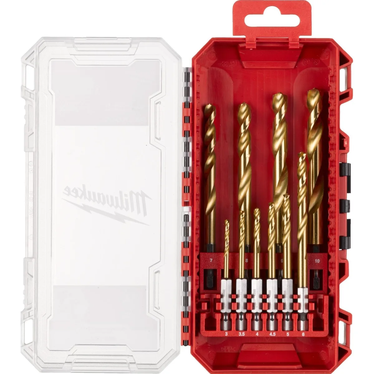 Набір металевих свердел Milwaukee RedHEX Shockwave HSS-TiN, діаметр 3-10 мм, у кейсі, 10 одиниць.