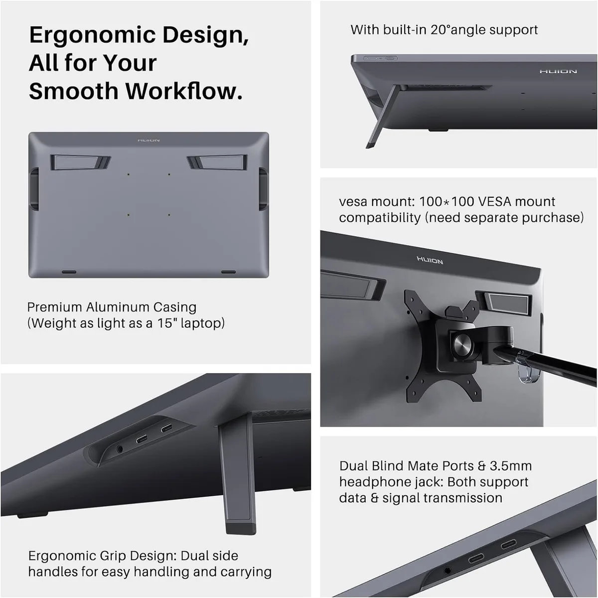 Графический монитор Huion 19" Kamvas Pro 19, 4K, USB-C х2, 3.5 mini-jack, серый темный.
