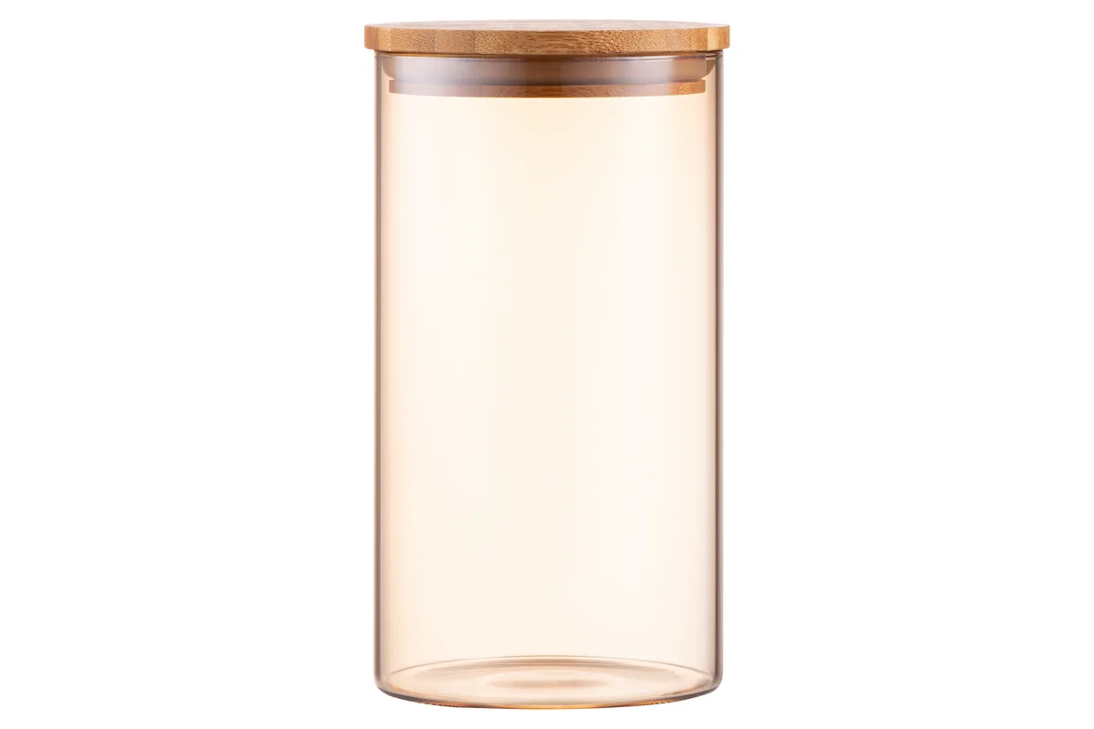 Банка для зберігання ARDESTO Golden Moon, 760 мл, скло, бамбук, кругла, золотистого кольору.