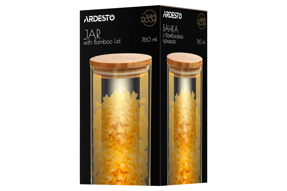 Банка для зберігання ARDESTO Golden Moon, 760 мл, скло, бамбук, кругла, золотистого кольору.