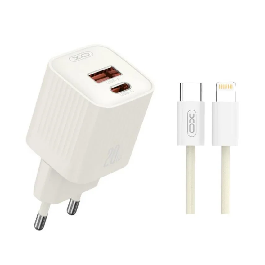 Сетевое зарядное устройство XO с кабелем Type-C to Lightning 20W бежевый 73х32х32 мм