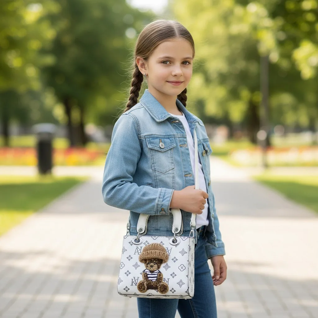 Дитяча сумочка на плече екошкіра 17х20х8 см біла з ведмедиком
