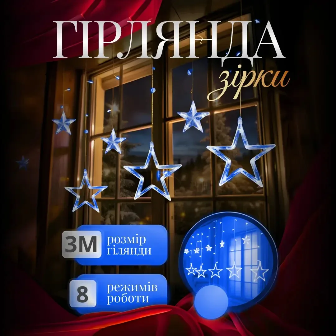 Електрична гірлянда штора 3х0,9 м синя для вікна фотозон 8 режимів