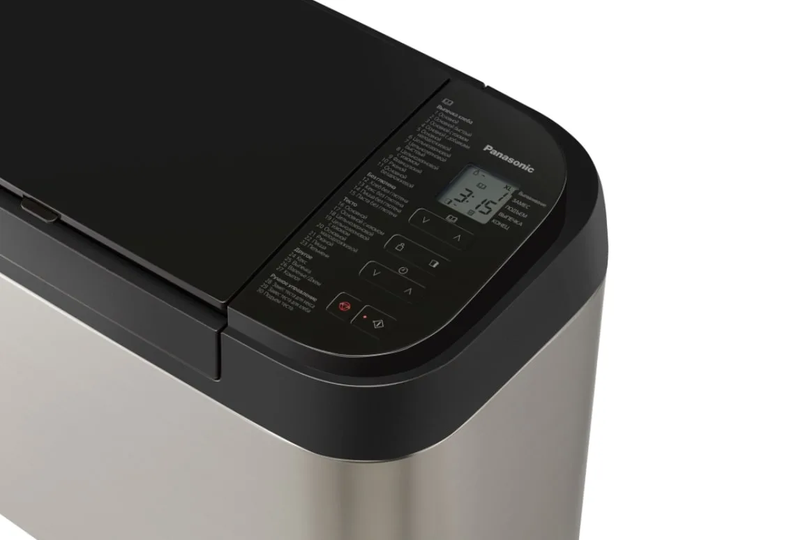 Хлібопіч Panasonic 550Вт, 30 програм, максимальна вага 1.25кг, прямокутна форма, металевий корпус, чорний колір.