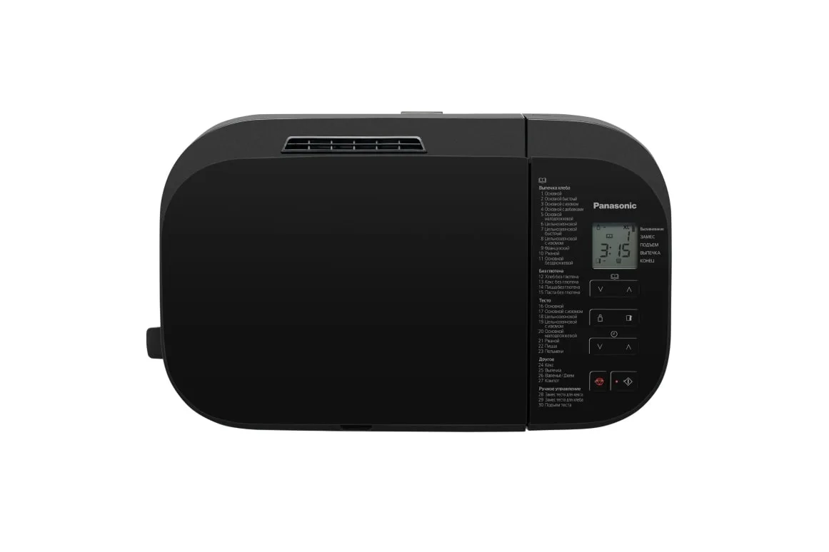 Хлібопіч Panasonic 550Вт, 30 програм, максимальна вага 1.25кг, прямокутна форма, металевий корпус, чорний колір.