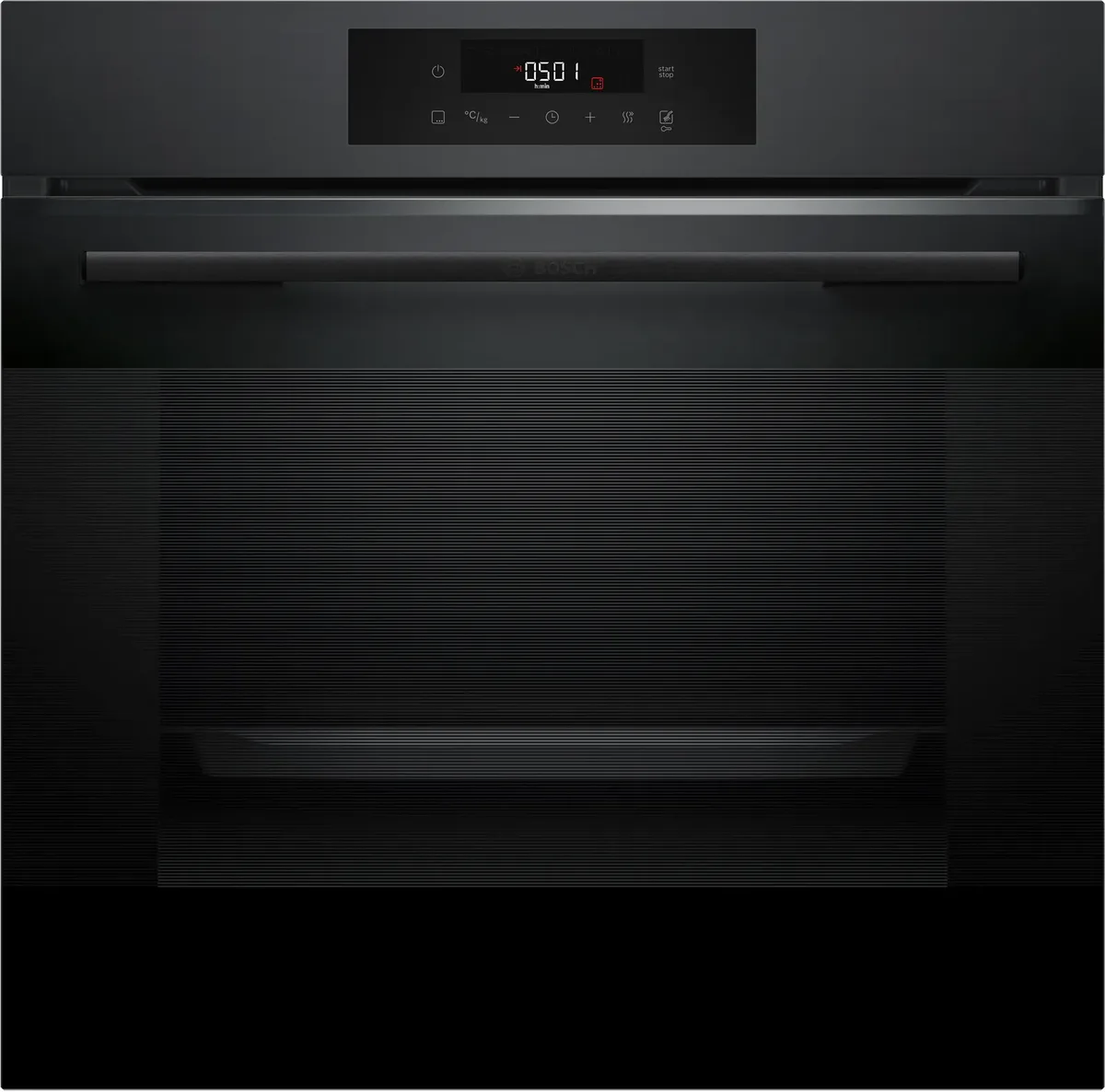 Електрична духова шафа Bosch, 76 л, клас A, з дисплеєм, конвекцією та телескопічними направляючими (2 рівні), чорного кольору.