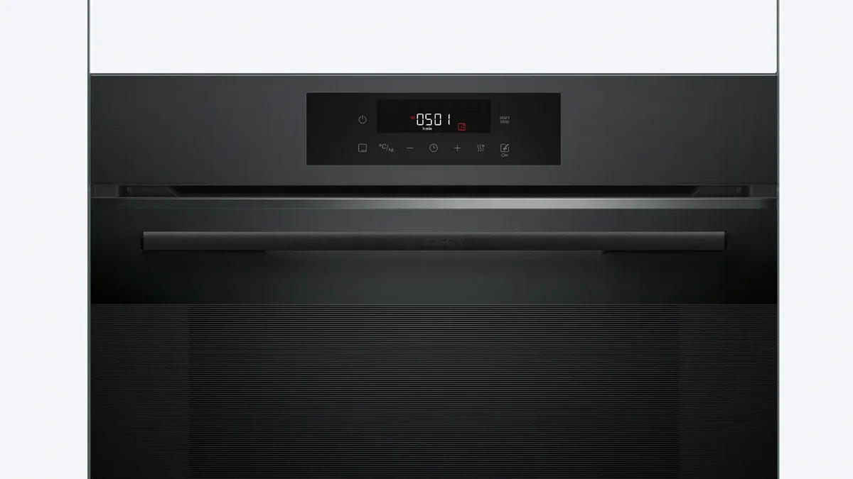 Електрична духова шафа Bosch, 76 л, клас A, з дисплеєм, конвекцією та телескопічними направляючими (2 рівні), чорного кольору.