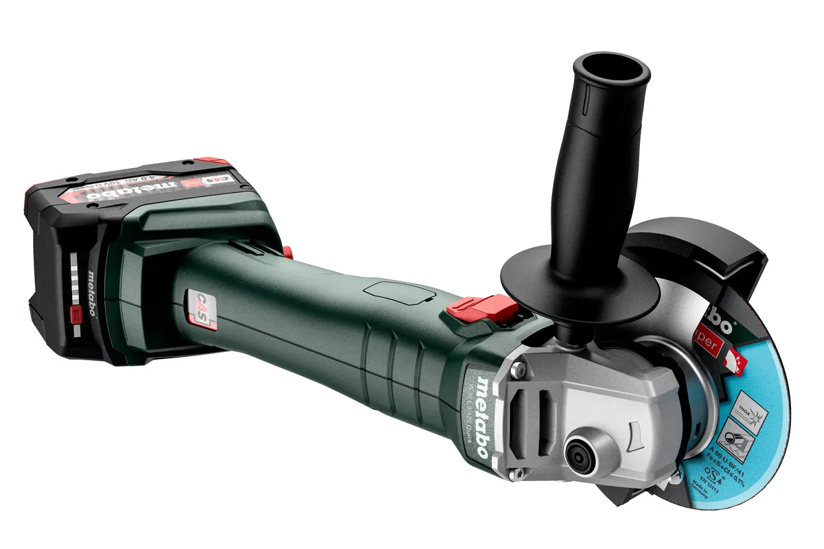Акумуляторна кутова шліфмашина Metabo W 18 L 9-125, 125 мм, 18В, 2x4А·год, 8500 об/хв, вага 2.3 кг.