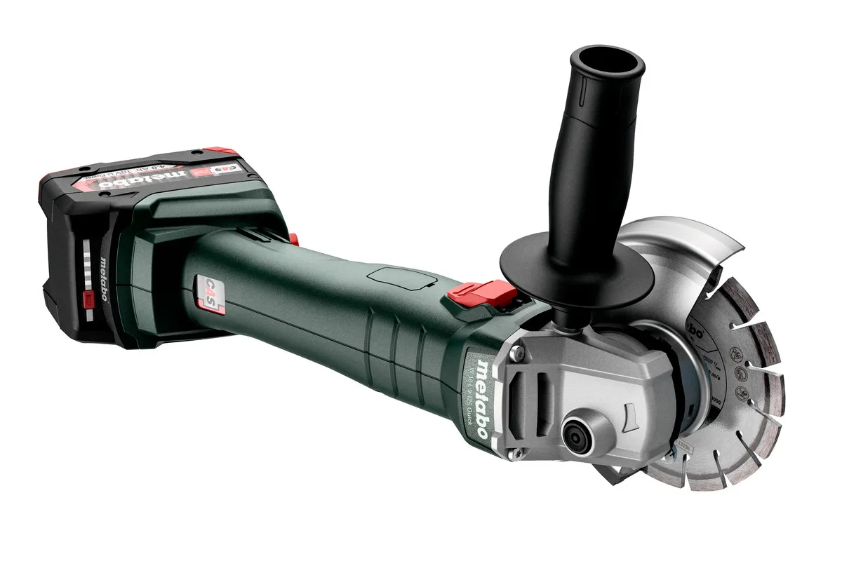 Акумуляторна кутова шліфмашина Metabo W 18 L 9-125, 125 мм, 18В, 2x4А·год, 8500 об/хв, вага 2.3 кг.