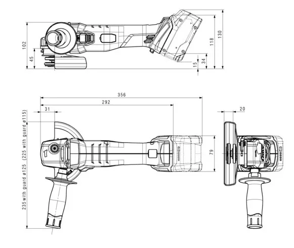 Акумуляторна кутова шліфмашина Metabo W 18 L 9-125, 125 мм, 18В, 2x4А·год, 8500 об/хв, вага 2.3 кг.