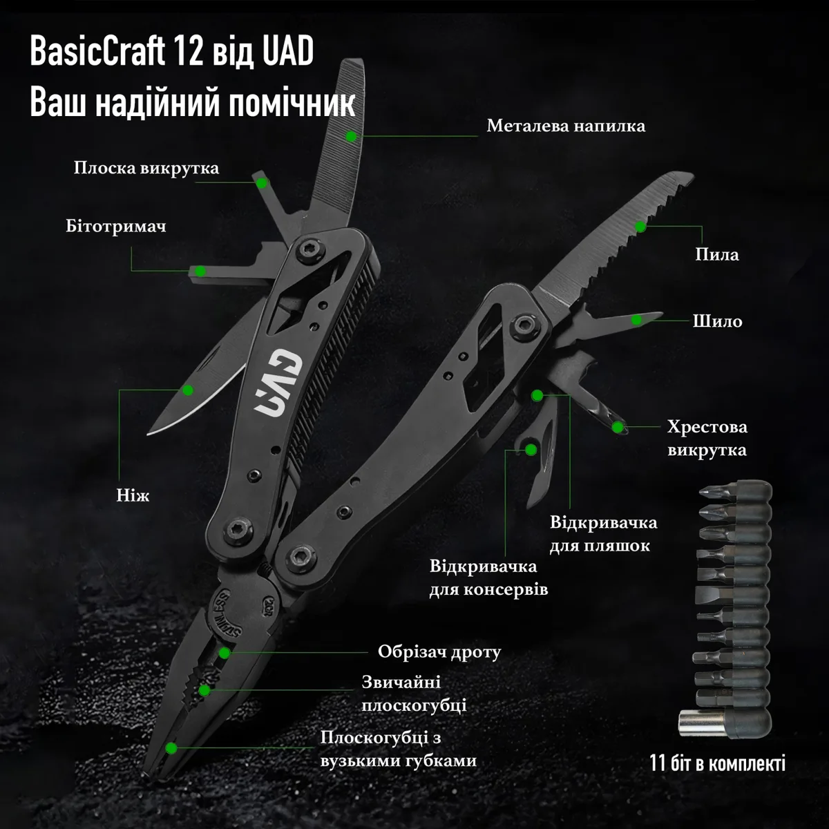 Мультитул UAD BasicCraft 12 инструментов нержавеющая сталь черный
