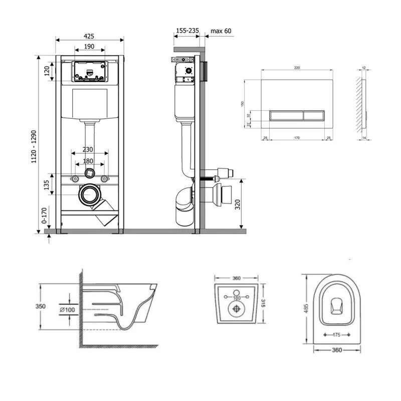 Подвесной унитаз Qtap Jay Ultra Quiet с инсталляцией 350x360x520 мм керамика белый