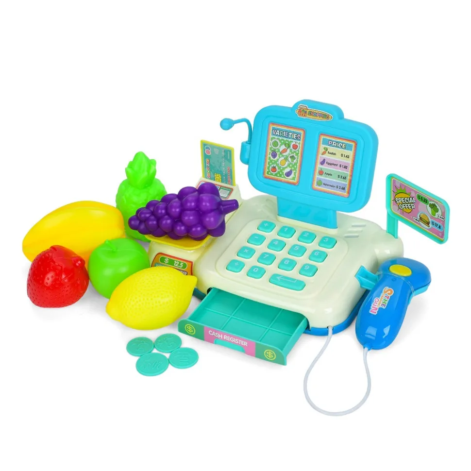 Кассовый аппарат Bambi пластик 22 см синий с деньгами и сканером