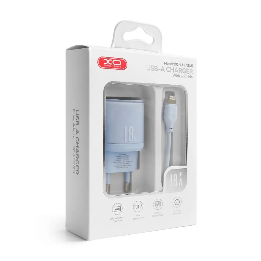 Зарядний пристрій XO 18W 1USB Quick Charge 3.0 синій з кабелем Lightning 1м